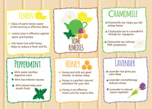 Home Remedies Infographics. Natural Healers, Natural Self Made Cures. Self Help Recipes With Fruits And Herbals