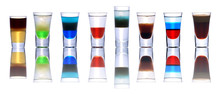 Set Of Colorful Alcoholic Cocktails In Shot Glasses Isolated On White With Reflection. Colletion Of Shooters