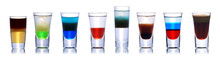 Set Of Colorful Alcoholic Cocktails In Shot Glasses Isolated On White With Reflection. Colletion Of Shooters