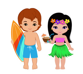 illustration of cute boy with surfboard and hawaiian girl with cocktail.