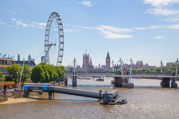 Sticker - Centre of London view from the London bridge. Big Ben, Parliament, London eye and passing boats on river Thames