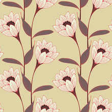 A Vintage English Style Floral Wallpaper Seamless Tiles With Crocus-like Flowers In White, Ivory, And Red Brown Shades