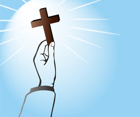 Wall Mural - light of God , hand holding Cross of Christianity and blue background vector