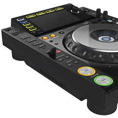 Wall Mural - Digital dj music turntable mixer and large screen, close view. 3D graphic