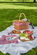 Healthy picnic food with fruit, cheese and bread