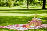 Fototapeta  - Delicious picnic spread with fresh food