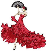 Colorful Vector Illustration Of A Female Flamenco Dancer In Long Red Dress With Fan