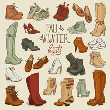 Vector Illustration Of  Female Fall And Winter Shoes, Boots Set. Hand-drown Footwear Illustrations. Fashion Collection Sketch.