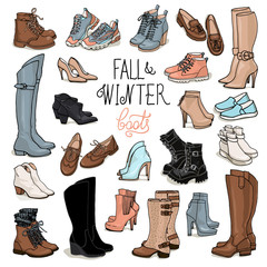 Vector illustration of woman fall and winter shoes, boots set. Hand-drown footwear illustrations. Fashion collection sketch.