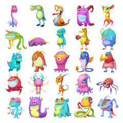 Wall Mural - 25 Colorful Monster Creature Character Design Set 1 isolated on White Background Realistic Fantasy Cartoon Style Character Story Game Card Sticker Design