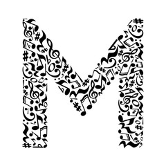 M letter made of musical notes on white background. Alphabet for art school. Trendy font. Graphic decoration.