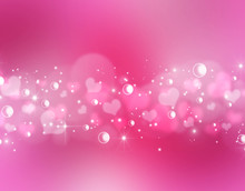 Defocused Bokeh Lights Shiny Background With Blinks And Stars. Fairy Tales Star Dust Effect. Blurred Hearts Pink Wonderful Backdrop. Valentine Day Blurred Lights Pink Bokeh Concept With Space For Text