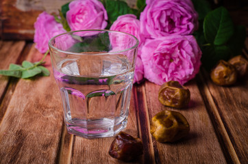 A glass of drinking water and date fruits - a food that is consumed before breaking fast during holy month of Ramadan. Selective focus