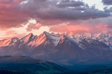  Beautiful spring panorama over Spisz highland to snowy Tatra mountains in the morning, Poland