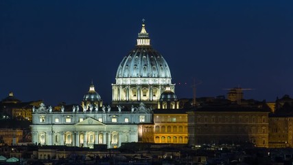 Wall Mural - Night view at St. Peter's cathedral timelapse from the Pincio Landmark in Rome, Italy