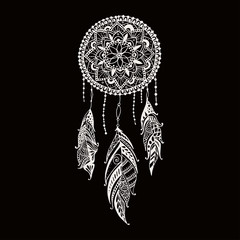 Poster - Hand-drawn dreamcatcher with feathers. Ethnic illustration, tribal