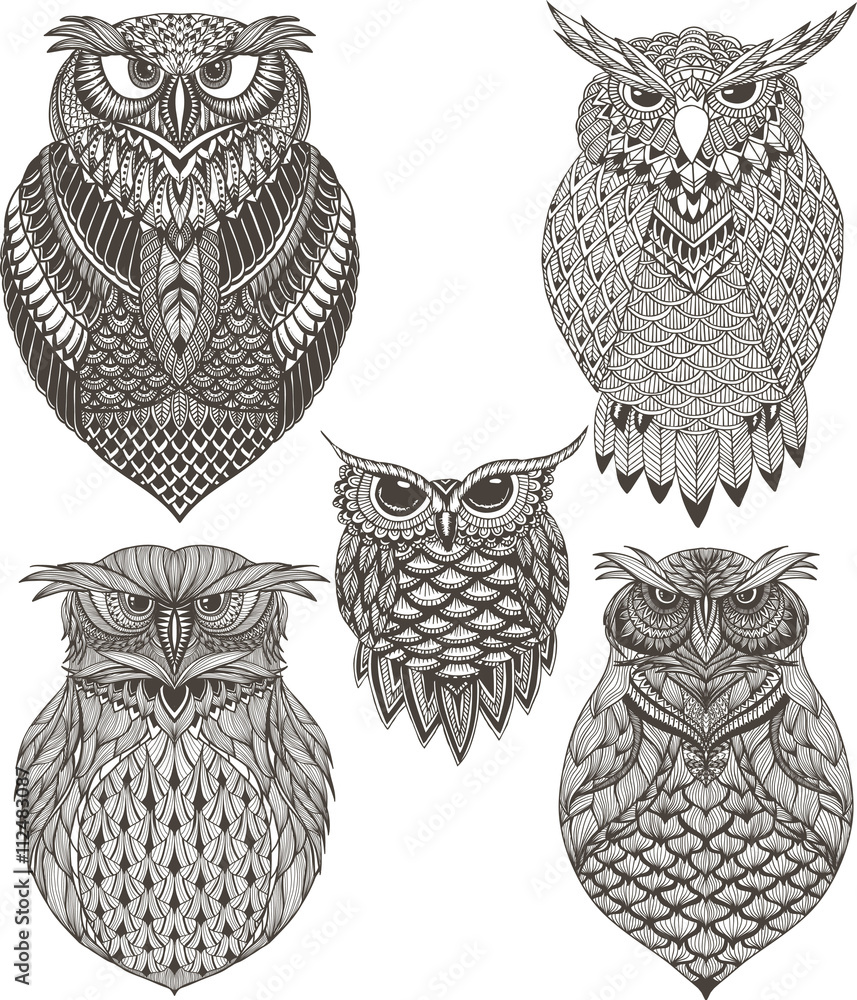 OWL vector set handdrawn illustration in zentangle style Stock Vector ...