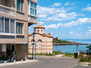 Sticker - road, church and coastline in Sozopol city