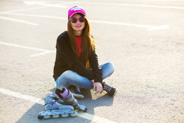 Outdoor fashion closeup portrait of nice pretty young hipster wo