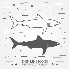 Wall Mural - Vector thin line icon and  silhouette  shark. For web design and application interface, also useful for infographics. Vector dark grey. Vector illustration.