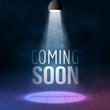 Coming soon illuminated with light projector blank stage realistic vector illustration. Sale market commerce concept