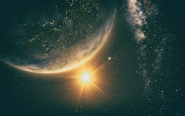 Wall Mural - sunrise view of earth from space with milky way galaxy, 3d rendering