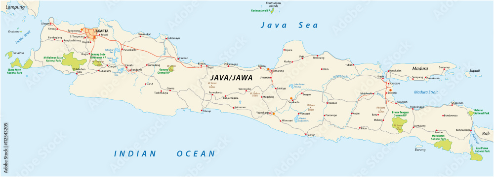 vector roads and national park map of the Indonesian island java Stock ...