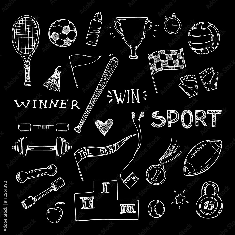 Hand drawn vector illustrations. Sport and fitness set. Sketch Stock ...
