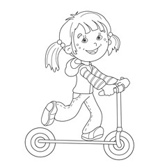 Wall Mural - Coloring Page Outline Of cartoon girl on the scooter