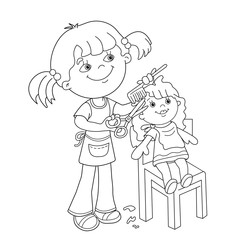 Wall Mural - Coloring Page Outline Of girl with playing in the Barber shop