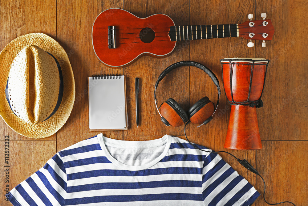 Musician set on brown wooden background