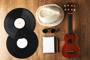 Poster - Musician set on brown wooden background