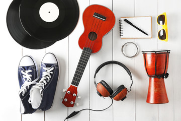 Poster - Musician set on white wooden background