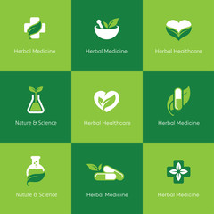 Wall Mural - herbal medicine icons on green background