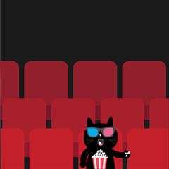 Wall Mural - Cat sitting in movie theater eating popcorn.  Cute cartoon character. Film show Cinema background. Viewer kitten watching movie in 3D glasses. Red seats hall. Dark background. Flat design