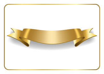 Wall Mural - Gold satin empty ribbon. Golden blank banner. Design decoration element, isolated on white background. Vintage retro style. Template flag, greeting, card. Symbol guarantee product. Vector illustration