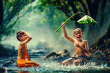 Childrens Playing In The River