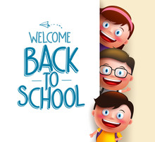 Kids Student Vector Characters Holding White Board With Blank Space For Text With Welcome Back To School Written. Vector Illustration
