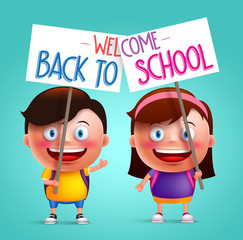 Wall Mural - Boy and girl student vector character with happy smile holding placard or signboard with colorful back to school text written. Vector illustration
