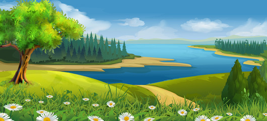 Wall Mural - Nature landscape, stream valley, vector background