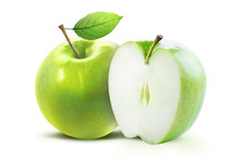 Green Apple And Half Of Green Apple Isolated On White Background With Clipping Path. Two Juicy Ripe Colored Apples On A White Background Isolated With Clipping Path.