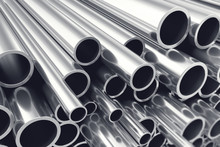 Heap Of Shiny Metal Steel Pipes With Selective Focus Effect. 3d Illustration