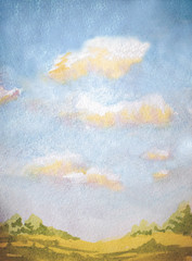 watercolor hand painted landscape with abstract sky, clouds