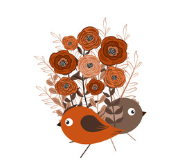 Wall Mural - illustration of a little bird and blooming flowers