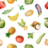 Fototapeta Nowy Jork - Seamless pattern with watercolor fruits and vegetables.