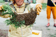 pszczelarz z rojem pszczół 
