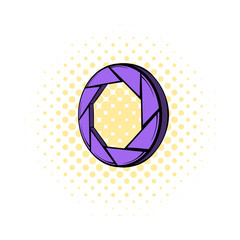 Violet camera aperture icon, comics style