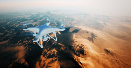 Wall Mural - photo white matte generic design air drone flying in sky under the earth surface. uninhabited desert