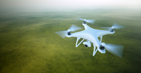 Wall Mural - photo white matte generic design air drone with video camera flying in sky under the earth surface. 