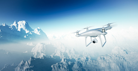Wall Mural - photo white matte generic design modern rc drone with camera flying in sky under the earth surface. 